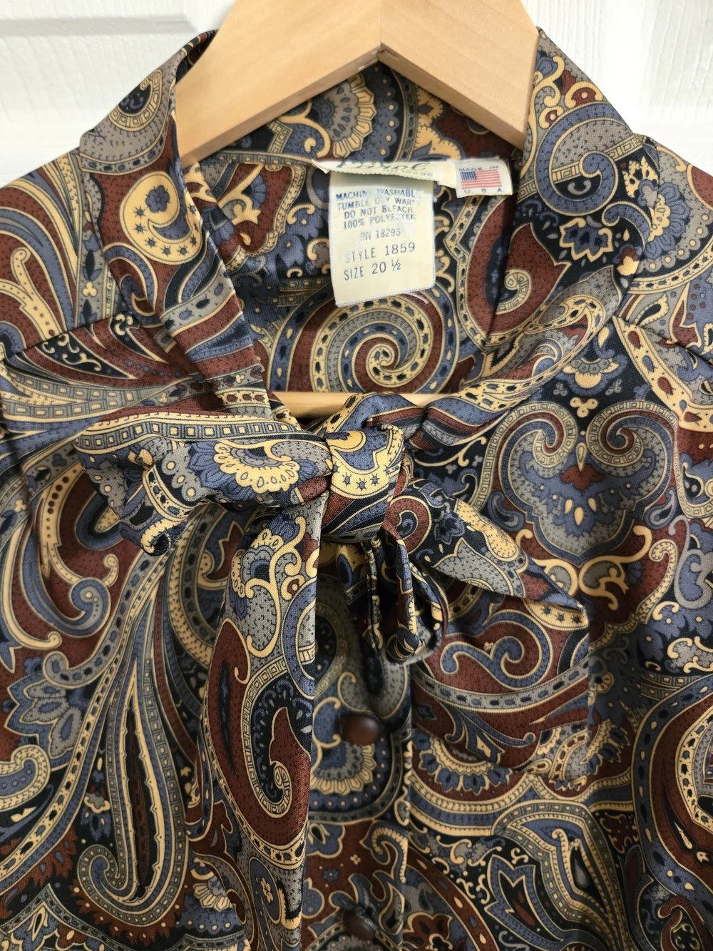 Vintage Brown And Grey Paisley Tie-Neck Long Sleeve Dress  Size 20 Made In USA - Picture 7 of 9